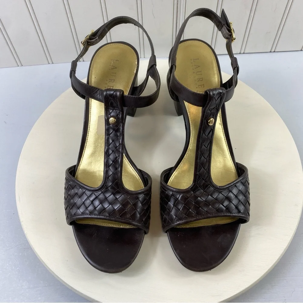 Ralph Lauren Elegant Dark Brown Woven 3”‎ Heel Sandals Sz 10